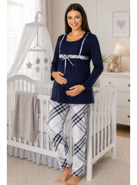 Effortt 8082 Lacivert Dantelli Lohusa Pijama Takım